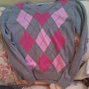 Izod Women's V-Neck Sweater with Pink and Gray Argyle